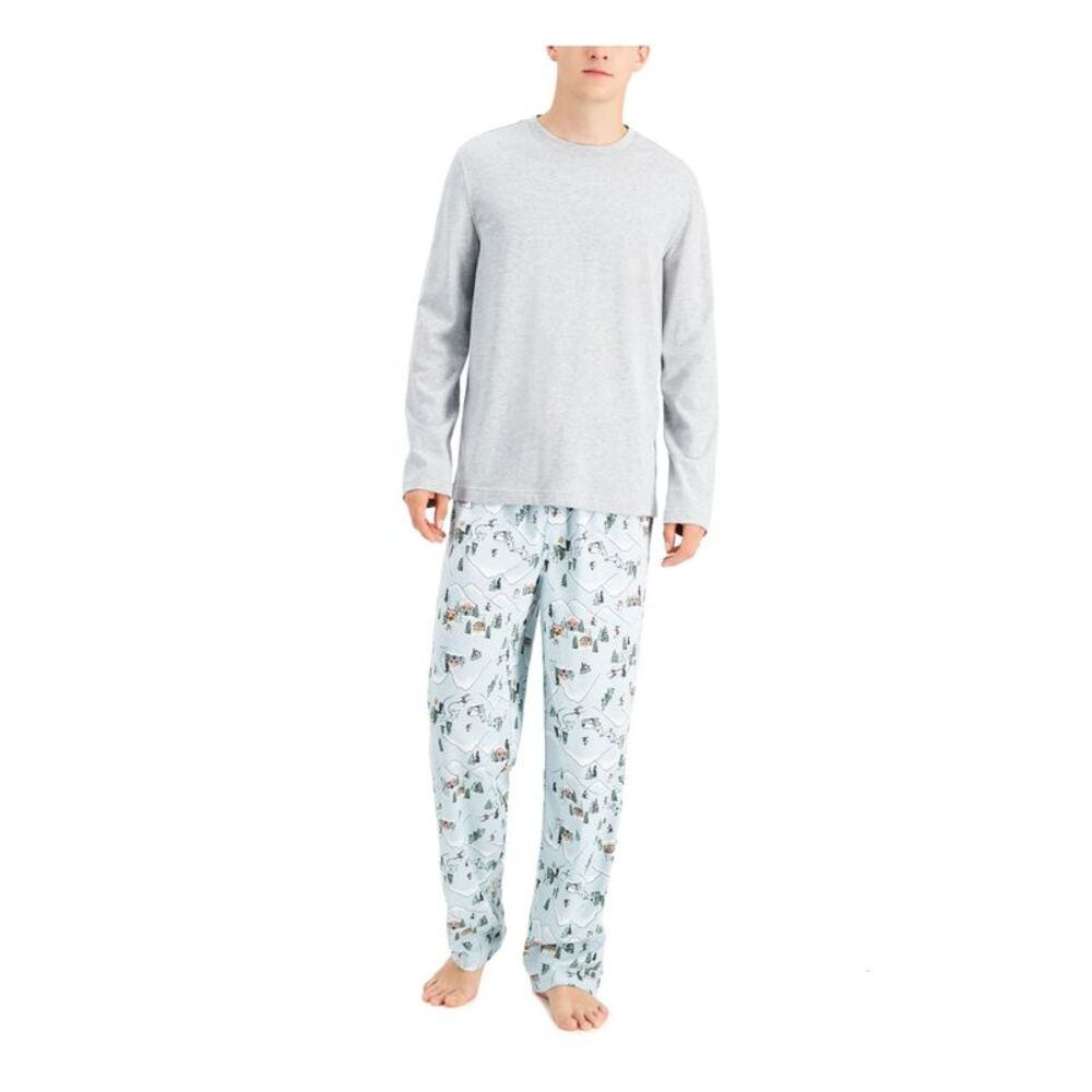 FAMILY PJs Mens Gray Top Drawstring Long Sleeve Straight leg Pants Pajamas M